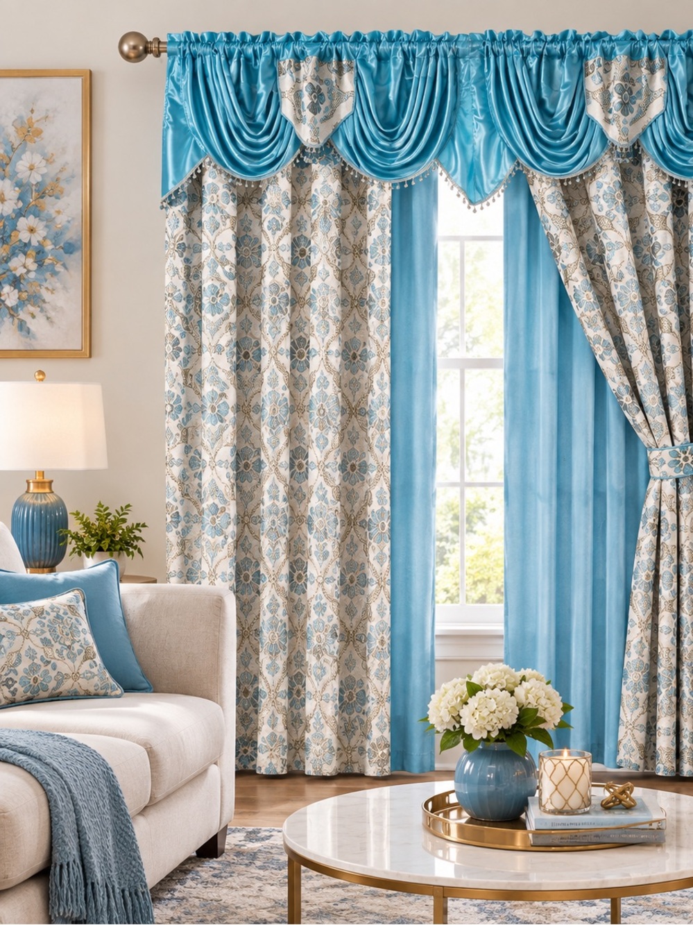 Sky Blue Damask Curtain Panel Set with Coordinating Valance